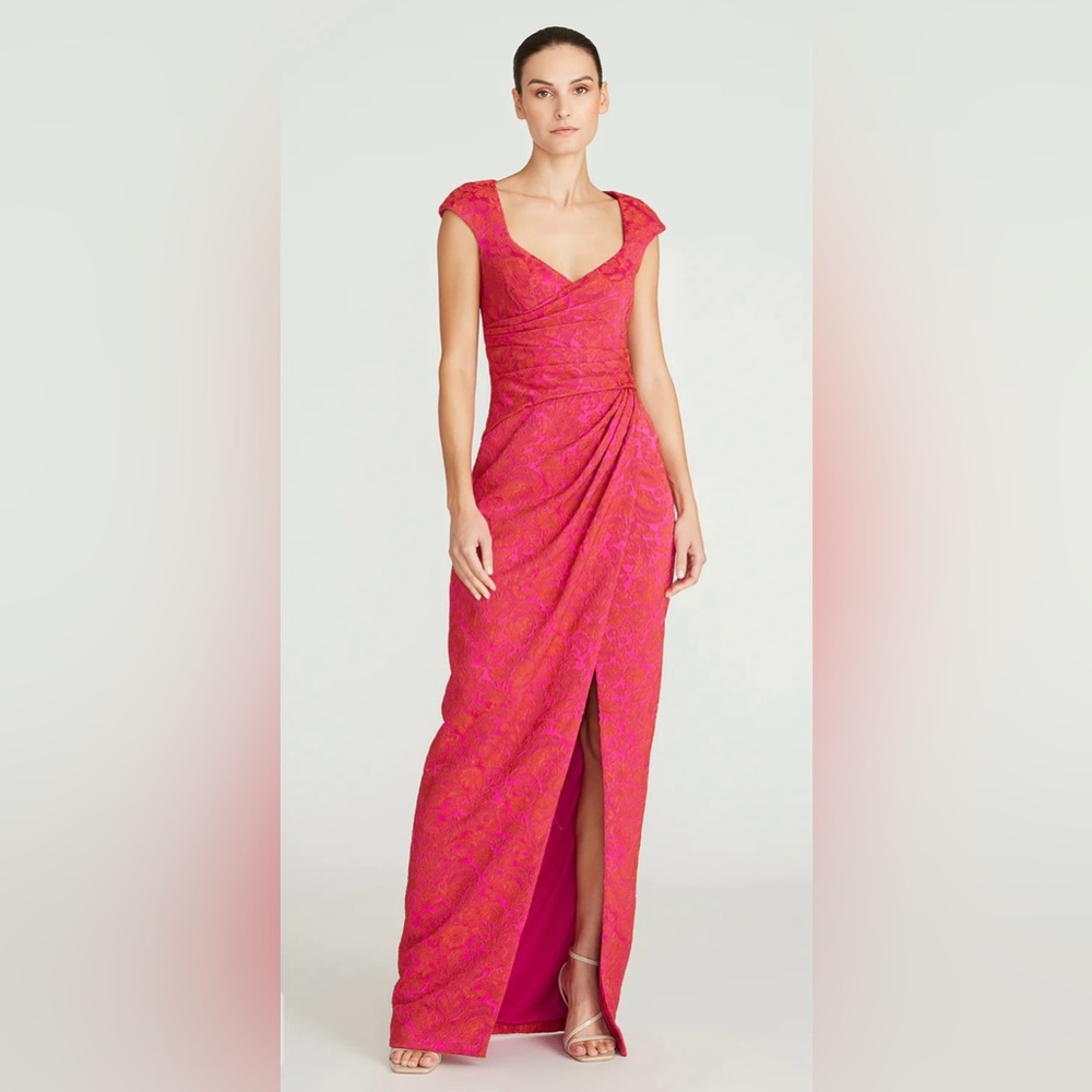 NWT: SOLD OUT! Theia Barbara Scoop Neck Column Brocade Gown Pink/Red Floral